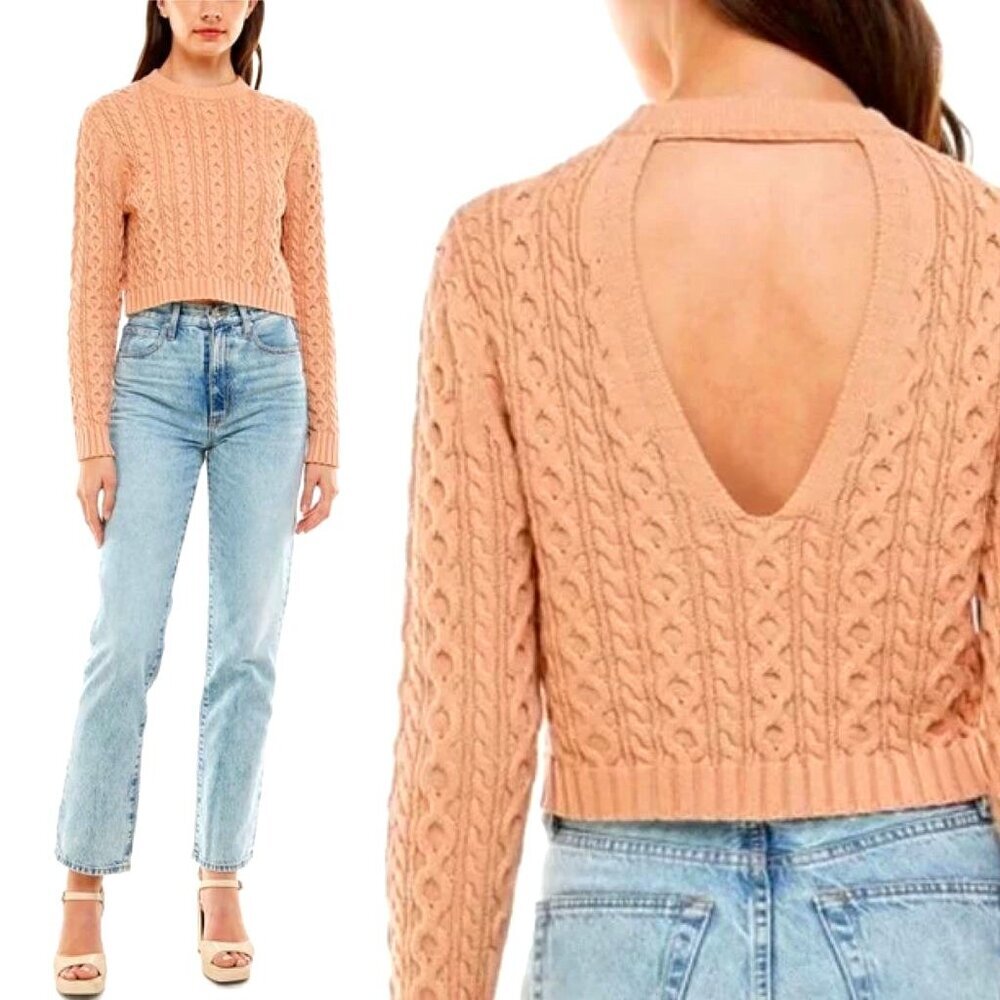 NWT WAYF Preston Peach Chunky Cable Knit Crop Sweater Long Sleeve M & XL